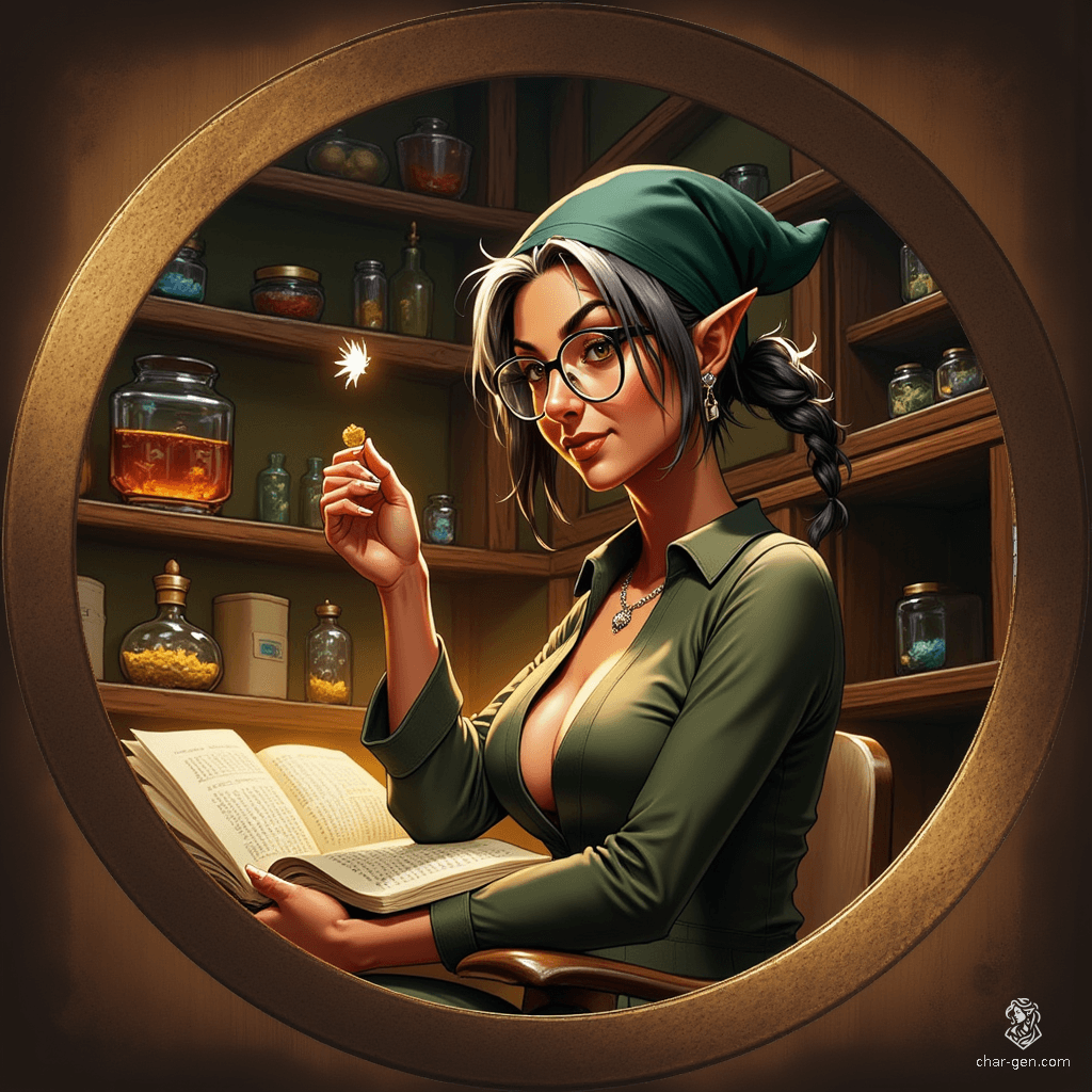 Maryam, the Apothecary Witch, is a charming older elf with tanned skin and bright topaz eyes, embodying wisdom and curiosity. Her shoulder-length, tea-colored hair, streaked with gray and tied in a loose ponytail, frames her gentle face. Clad in practical, renaissance-inspired attire, she balances her work amidst potions and herbs, her translucent spider familiar hovering nearby. Surrounded by warm candlelight, Maryam exudes a cozy yet mystical atmosphere, perfectly merging competence with a thirst for the unknown.
