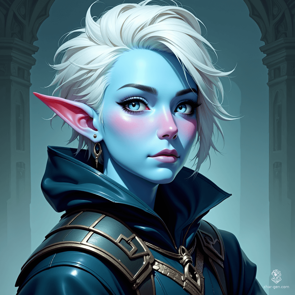 A striking female Tiefling with light blue skin and short, shaved white hair captivates with her otherworldly beauty. Her photorealistic design highlights intricate details, radiating a powerful aura of magic and mystery, perfect for any high-fantasy realm.