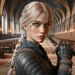 Lillian Gordiana, a 19-year-old human rogue and spy, stands at 5'6" with a medium build and pale skin. Nimble and hardy, she excels in stealth and intelligence. Clad in intricately detailed leather armor, her piercing turquoise and gold eyes and braided blonde hair mark her enigmatic charm. A dagger is her weapon of choice.