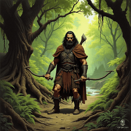 Meet Thrain Stonebrow, a formidable dwarf hunter with tan skin and a striking midnight black beard. Clad in chainmail beneath a weathered brown cloak, he confidently wields a bow and spear, expertly tracking prey through dark forest and rugged mountain. A true master of his craft.