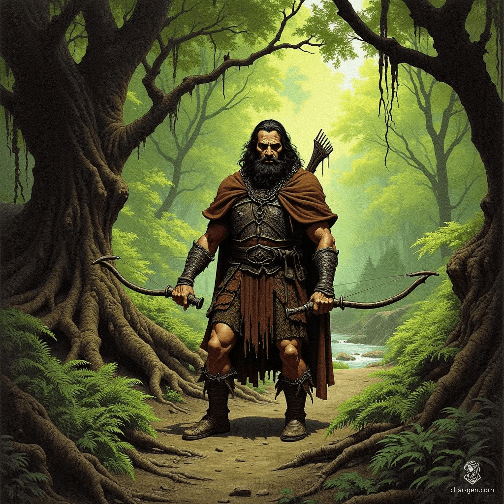 Meet Thrain Stonebrow, a formidable dwarf hunter with tan skin and a striking midnight black beard. Clad in chainmail beneath a weathered brown cloak, he confidently wields a bow and spear, expertly tracking prey through dark forest and rugged mountain. A true master of his craft.