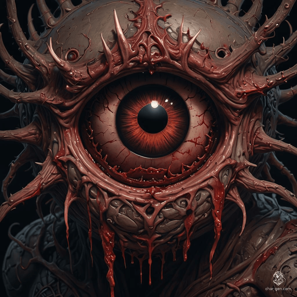 A Beholder is a floating, ball-shaped creature with bloodied, skin textured bodies and multiple eyestalks, each ending in a deadly, magical eye. Its crimson, bloodied skin contrasts sharply, invoking an aura of terror and malevolence.