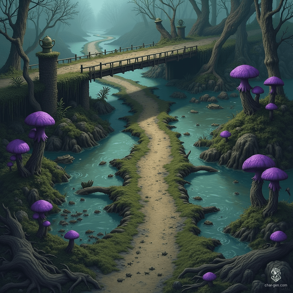 In a murky marsh, sticky mud oozes beneath your feet while tangled mangroves loom over shimmering pools, cloaked in thick fog. Purple mushrooms cling to decaying logs, illuminating the area with eerie glow. A crossroads campsite lies at the heart, shadowed by the remnants of a ruined highway bridge, where giant fay mushrooms thrive, concealing hidden traps and lurking secrets for the unwary traveler.