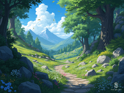 A rugged, winding path carves through dense forests and rolling hills, connecting Neverwinter to Phandalin. This enchanted wilderness, dotted with hidden ambush sites, breathes with life and mystery, invoking the majesty of an anime masterpiece.