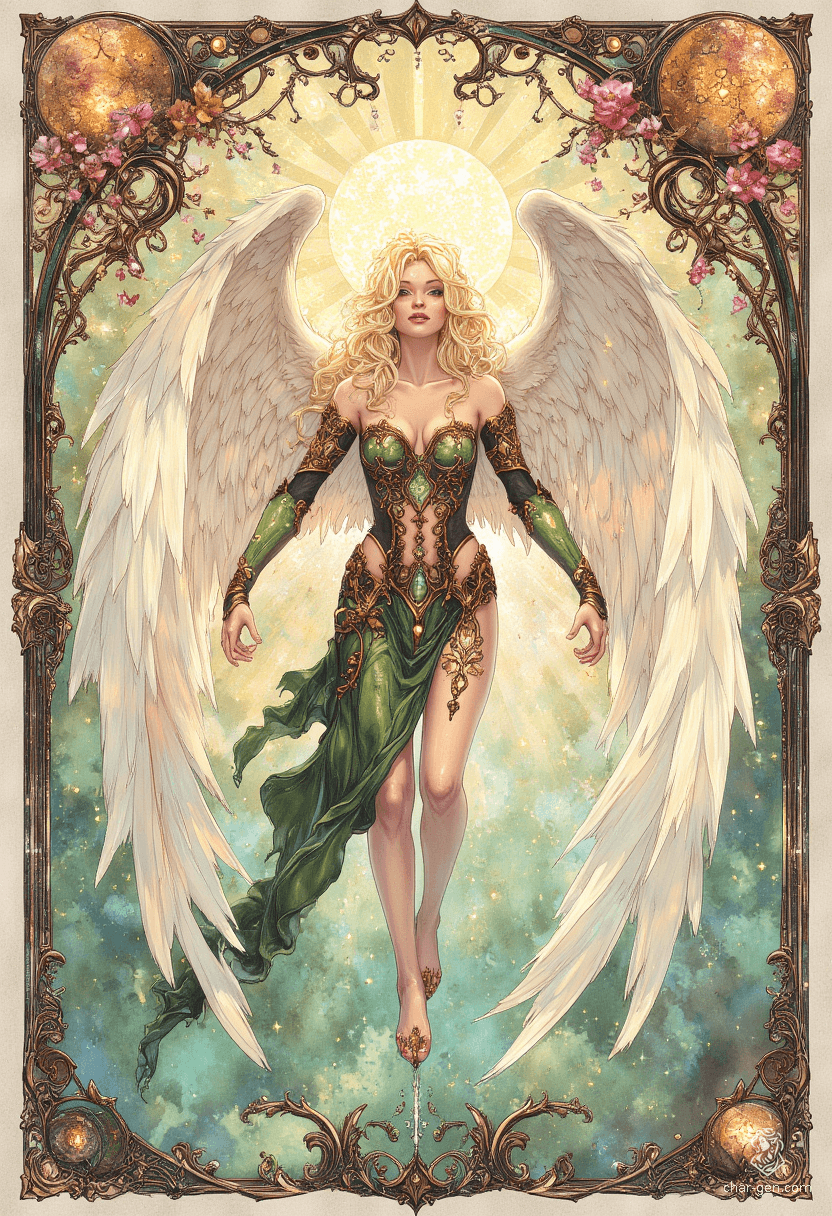 Sigarda, a stunning female angel, gracefully floats through the sky adorned in shimmering green and gold armor. Her golden hair flows elegantly around her pale skin, while her solid gold, glowing eyes captivate all. Surrounded by intricate floral motifs, she embodies the harmony of nature and divine beauty.