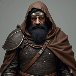 Baldrin, the shadowy dwarf, is a formidable warrior clad in chainmail armor beneath a weathered brown cloak. His medium black hair and thick beard frame a rugged face, while dark skin hints at his ancestral roots. With his keen goggles, he navigates both the battlefield and the mysteries of the underground.