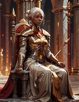 Loralyn, a serene Aasimar monk and baroness, embodies elegance and power. With radiant golden skin and glowing pupil-less eyes, she sits poised in her dimly lit throne room, holding an enchanted quarterstaff. Her celestial robes and disciplined posture reflect her divine heritage as she prepares to confront dark threats.