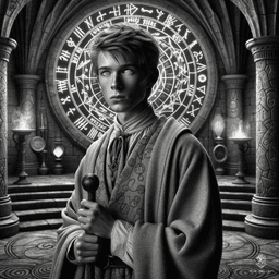 Larrius the Apprentice, a 20-year-old human with short brownish-blond hair and greenish-blue eyes, wields a quarterstaff and wears arcane sigils on enchanted garments. Formerly a slave, he was freed and trained by a wizard. Intelligent and wise but easily distracted, Larrius seeks self-improvement through knowledge.