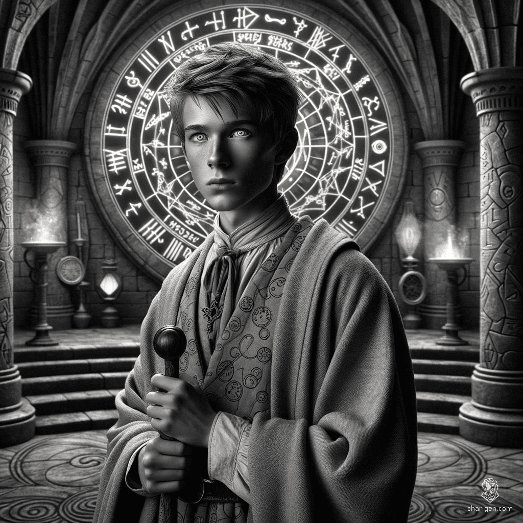Larrius the Apprentice, a 20-year-old human with short brownish-blond hair and greenish-blue eyes, wields a quarterstaff and wears arcane sigils on enchanted garments. Formerly a slave, he was freed and trained by a wizard. Intelligent and wise but easily distracted, Larrius seeks self-improvement through knowledge.