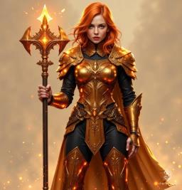 Amelia, a young human cleric, exudes serene determination in gleaming copper armor etched with divine runes. Her flowing light orange hair contrasts her sleek black leotard, while her magical mace pulses with mystical energy, embodying both elegance and powerful clerical devotion in a heroic fantasy world.
