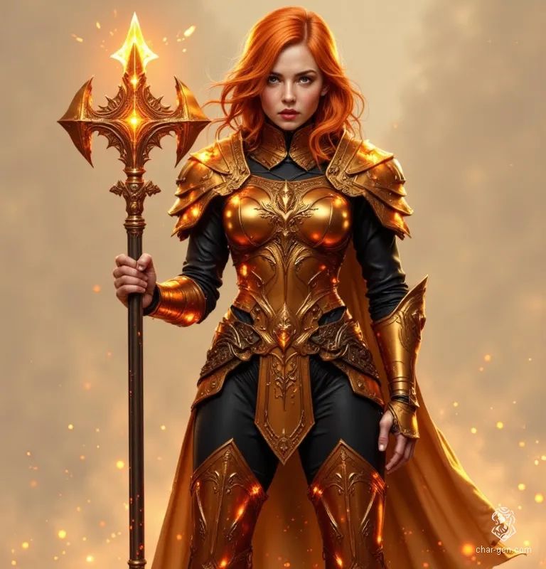 Amelia, a young human cleric, exudes serene determination in gleaming copper armor etched with divine runes. Her flowing light orange hair contrasts her sleek black leotard, while her magical mace pulses with mystical energy, embodying both elegance and powerful clerical devotion in a heroic fantasy world.