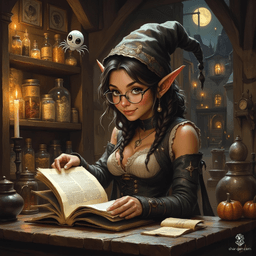 Maryam, an older yet charming elf, seamlessly blends forensic investigation and witchcraft. With tanned skin, flowing tea-colored hair, and topaz eyes behind rimless spectacles, she exudes competence and curiosity. Surrounded by potions and herbs in her cozy lab, her enigmatic spider familiar hovers eagerly, sharing in her quest for knowledge.