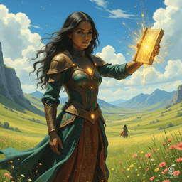 Jouli, a captivating middle-aged Indian investigator mage, exudes elegance as she casts a shield spell. Dressed in intricately embossed leather armor, her striking dark skin glows in the warm light. Working as a librarian among towering bookshelves, she safeguards ancient knowledge with grace and power.
