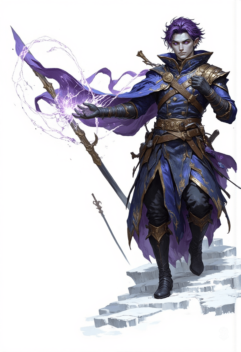 In a luminous, painterly world, a striking male figure stands amidst an icy field, draped in a dark blue robe. His glowing violet eyes and short, dark purple hair catch the wind, while ethereal magic swirls from his beautifully detailed hands, embodying both elegance and mystique.