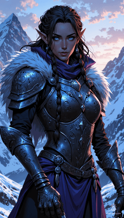 A fierce female Elf warrior stands poised in a rugged Nordic landscape, featuring pale skin, braided dark brown hair, and piercing ice-blue eyes. Clad in sleek silver and black armor with runic engravings, she wields an elegant longsword, ready to defend her realm against encroaching darkness.