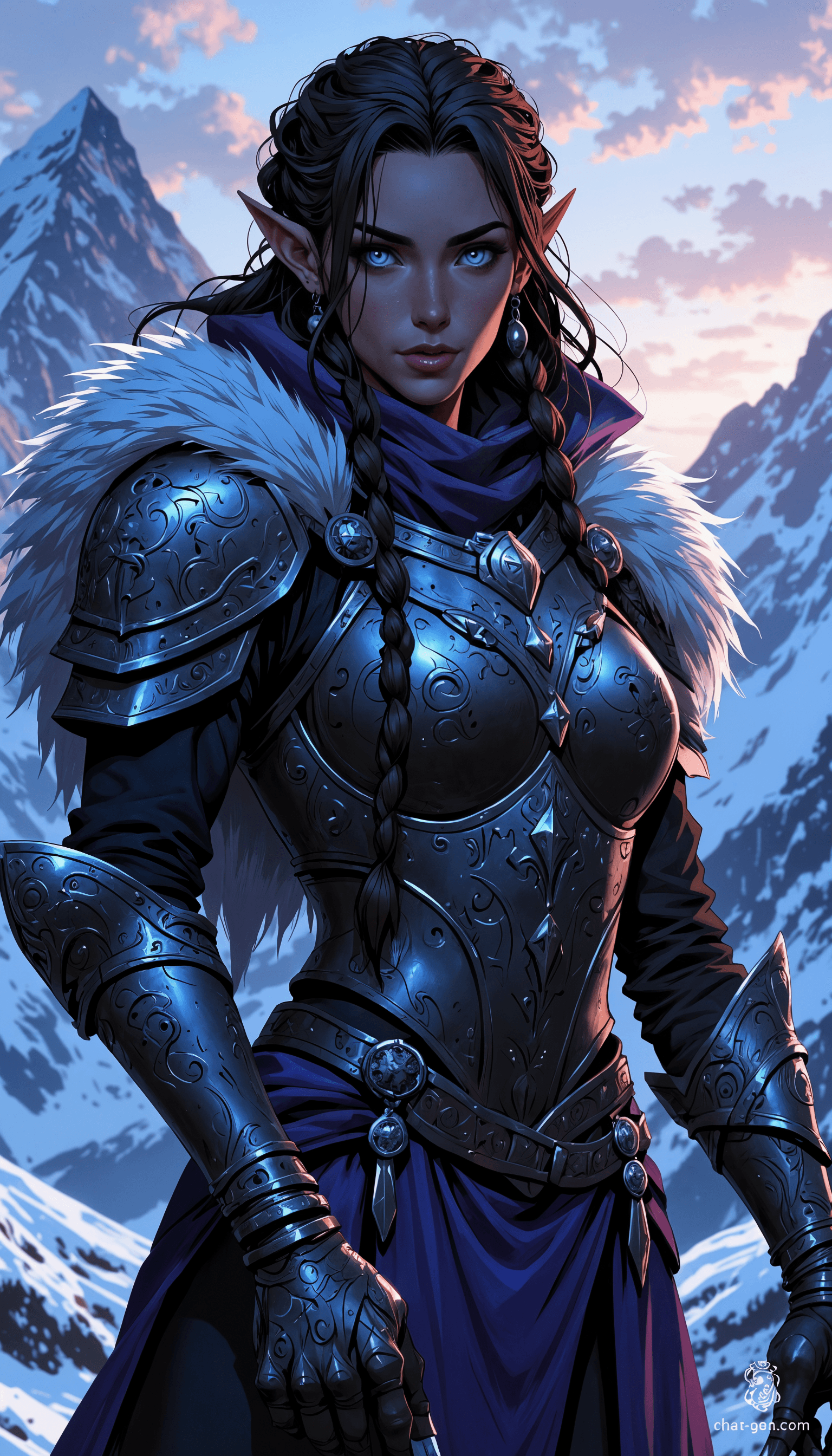 A fierce female Elf warrior stands poised in a rugged Nordic landscape, featuring pale skin, braided dark brown hair, and piercing ice-blue eyes. Clad in sleek silver and black armor with runic engravings, she wields an elegant longsword, ready to defend her realm against encroaching darkness.