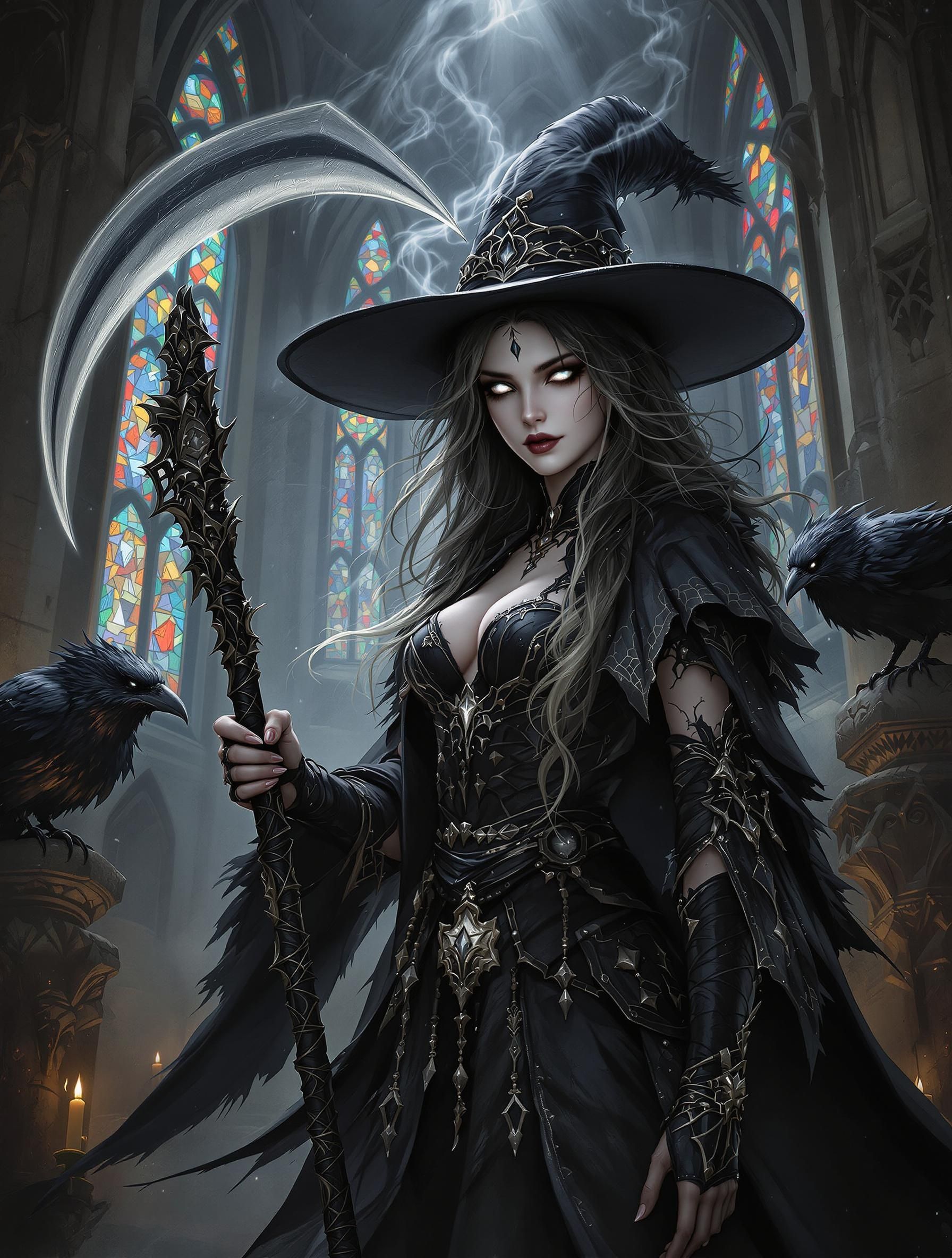Branwen Umbra, a 230-year-old Umbral Human cleric, exudes an aura of mystique and resilience. Adorned in intricately detailed black robes, her alabaster skin shimmers ethereally beneath swirling silver and black eyes. With a scythe in hand and ravens by her side, she embodies wisdom and charm, carrying the weight of her dark past.