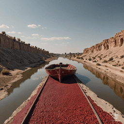 Drifting along the River Styx, the barren banks reveal cracked earth and lifeless stone, while a deep crimson sky rains meteors like fiery tears. The dark, toxic waters swirl ominously, reflecting the hellish landscape, an eerie testament to the desolation of Avernus.