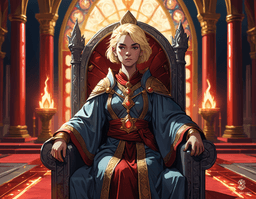 Loralyn, a serene Aasimar monk and baroness, exudes ethereal power from her glowing golden eyes and subtly radiant skin. Seated on a grand throne, she embodies wisdom and strength, her modest robe adorned with celestial symbols. A quarterstaff in hand, she commands respect in her dimly lit, majestic throne room.