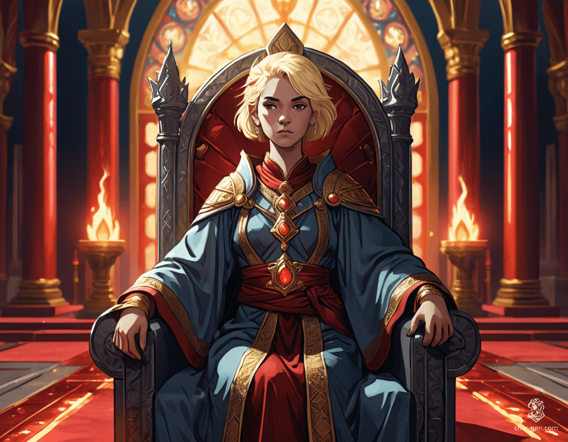 Loralyn, a serene Aasimar monk and baroness, exudes ethereal power from her glowing golden eyes and subtly radiant skin. Seated on a grand throne, she embodies wisdom and strength, her modest robe adorned with celestial symbols. A quarterstaff in hand, she commands respect in her dimly lit, majestic throne room.