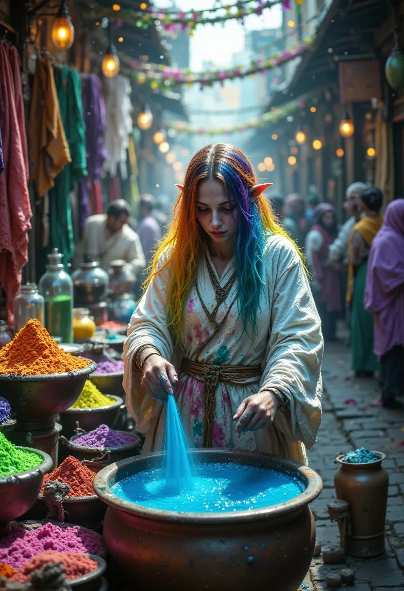 A serene young female elf monk with fair, radiant skin and long flowing rainbow hair stained by vibrant dyes. She skillfully stirs silks in a copper cauldron at her Mardi Gras fabric dying stall, surrounded by vivid fabrics and colorful powders, embodying calm artistry and fluid grace.