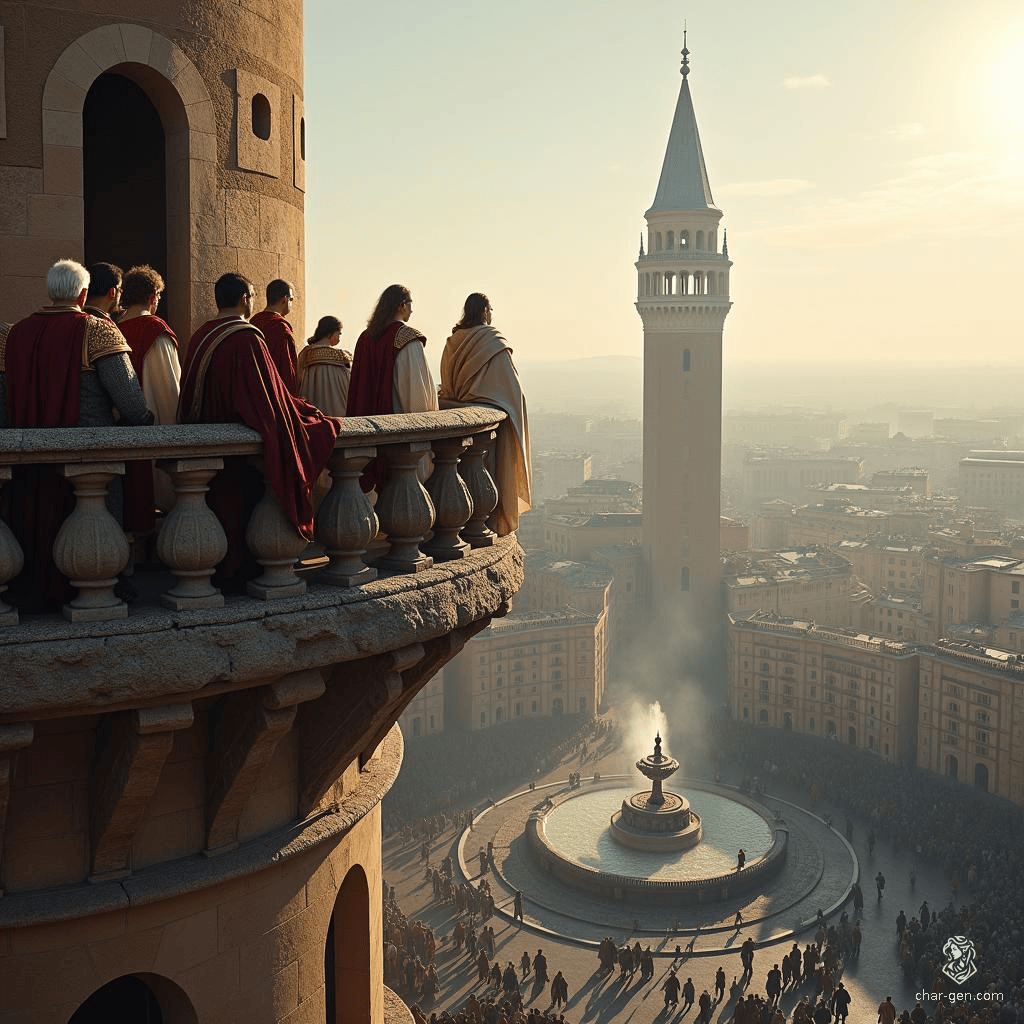 Amidst a sprawling city, a gathering of Gallic-dressed figures silently honors their past. At the forefront, a long-haired veteran's haunting lament drifts through the winter sun, captivating noble warriors perched by an ornate fountain, echoing tales of valor and loss in a moment of solemn reflection.