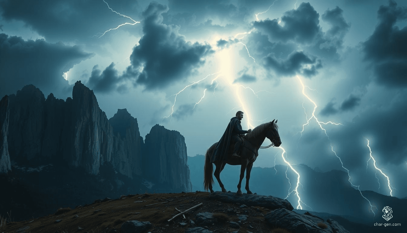 Under a tempestuous night sky, a lone horseman in a tattered cloak stands atop a windswept hill. Fierce lightning splits the heavens, illuminating the rugged terrain and casting dramatic shadows across the landscape. The air crackles with electric tension as dark clouds churn overhead.
