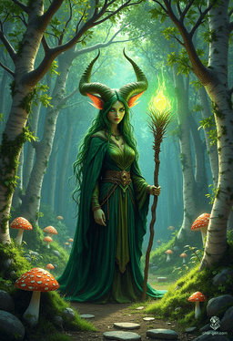 Lilith Valmoira, a wise and resilient tiefling druid with vibrant green skin and striking horns, roams the cursed valley of Barovia. Adorned in intricate hides and wielding a nature staff, she finds solace in her animal companions and a deep connection to the earth, seeking peace in a world marked by turmoil.