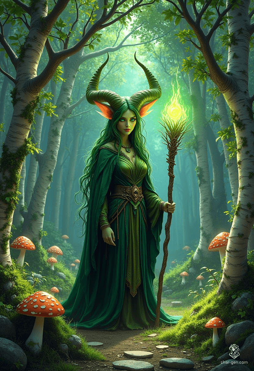 Lilith Valmoira, a wise and resilient tiefling druid with vibrant green skin and striking horns, roams the cursed valley of Barovia. Adorned in intricate hides and wielding a nature staff, she finds solace in her animal companions and a deep connection to the earth, seeking peace in a world marked by turmoil.