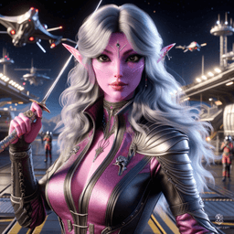 Rouge-Rose is a 350-year-old female Astral Elf bard, nobly carrying a magical instrument. She stands at 5'5" with a medium build, nimble and charming. Her very pink skin contrasts sharply with her black eyes flecked with white, and her long, gleaming silver hair. She wears intricately detailed leather armor over a purple sci-fi shirt with a high collar and wields a rapier prominently.