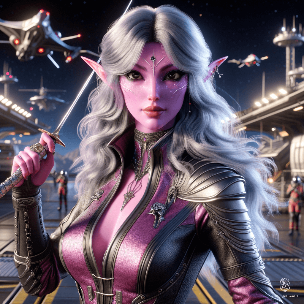 Rouge-Rose is a 350-year-old female Astral Elf bard, nobly carrying a magical instrument. She stands at 5'5" with a medium build, nimble and charming. Her very pink skin contrasts sharply with her black eyes flecked with white, and her long, gleaming silver hair. She wears intricately detailed leather armor over a purple sci-fi shirt with a high collar and wields a rapier prominently.