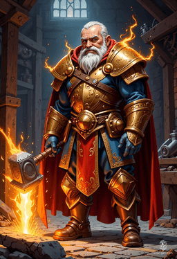 Groomorlum Blunthorn, a rugged dwarf warlock and Clan Crafter, wields a radiant warhammer and exudes an aura of magic. Skilled in both smithing and the arcane, he balances a debt to his guild with a fierce commitment to protecting Mirabar's artisans. His wisdom and charm make him a formidable ally.