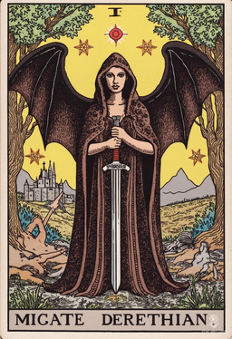 Miatte Derethian is a formidable human fighter, standing at 5'6" with pale skin and deep espresso hair. A haunted warrior, she wields a longsword with grace and charm, donning a winged cloak. Driven to vanquish monsters and exorcise her own demons, Miatte battles darkness to protect the innocent.