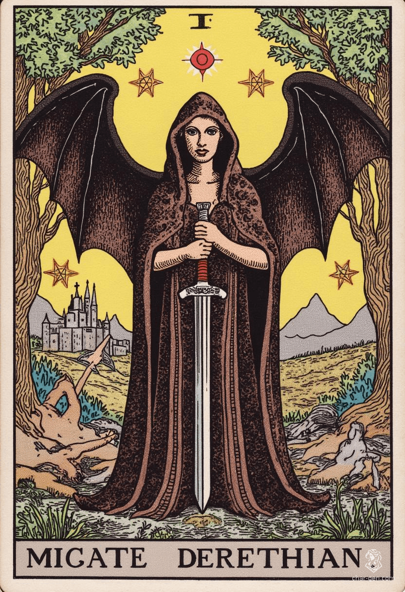 Miatte Derethian is a formidable human fighter, standing at 5'6" with pale skin and deep espresso hair. A haunted warrior, she wields a longsword with grace and charm, donning a winged cloak. Driven to vanquish monsters and exorcise her own demons, Miatte battles darkness to protect the innocent.