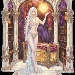 In a mystical chamber of gleaming marble and gold, a master vampire elf librarian stands, her snow-white skin aglow. With enchanting golden eyes and flowing white hair streaked in gold, she commands arcane power. An outstretched hand turns all to gold as she guards ancient tomes near a glowing coffin, amidst a mist of blood.
