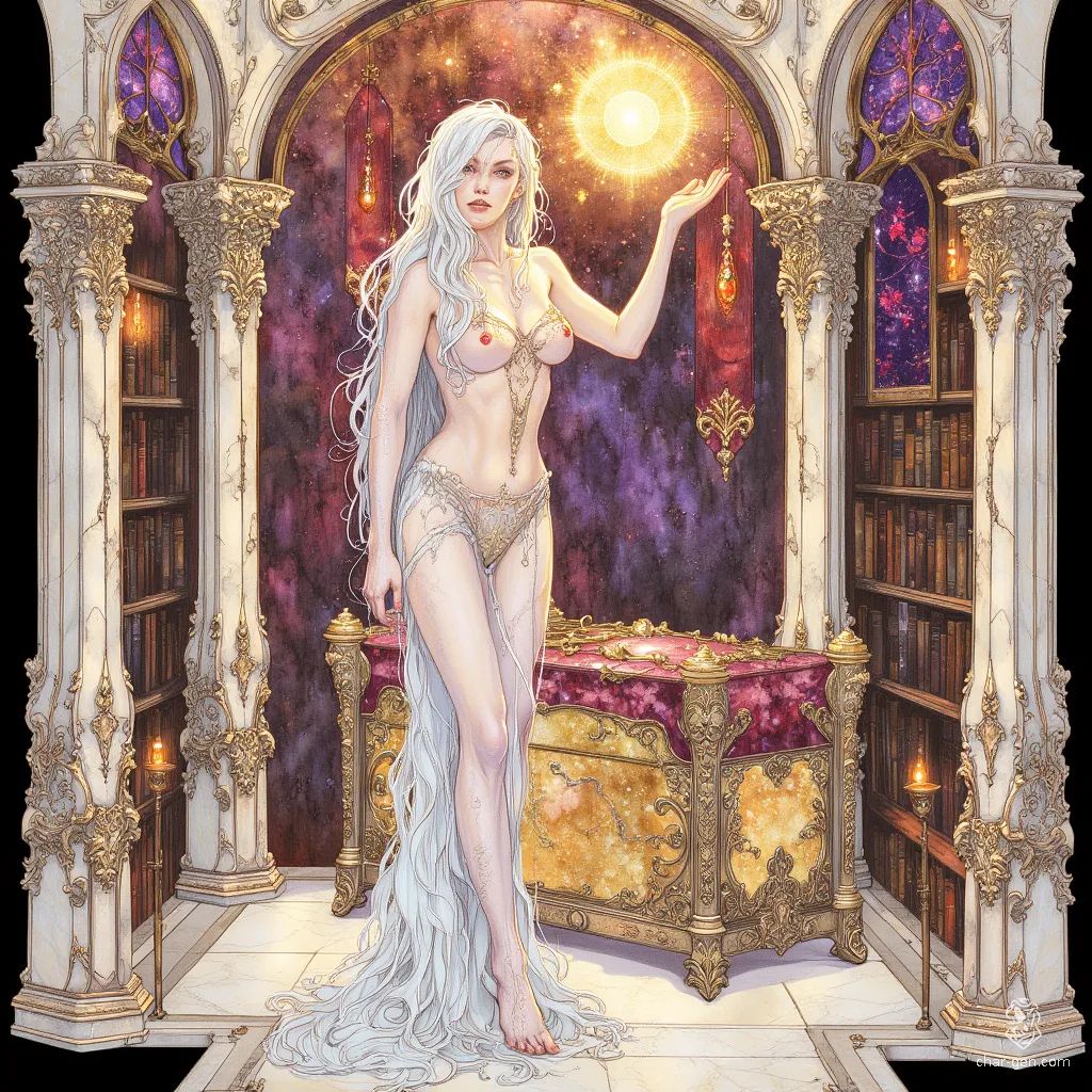 In a mystical chamber of gleaming marble and gold, a master vampire elf librarian stands, her snow-white skin aglow. With enchanting golden eyes and flowing white hair streaked in gold, she commands arcane power. An outstretched hand turns all to gold as she guards ancient tomes near a glowing coffin, amidst a mist of blood.