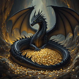 The majestic black dragon boasts sleek, coal-like scales that absorb light, creating an aura of mystery. Its emerald green eyes reveal ancient wisdom and cunning intelligence, capable of peering into the depths of the soul. Agile and imposing, it commands respect in the realm of fantasy.