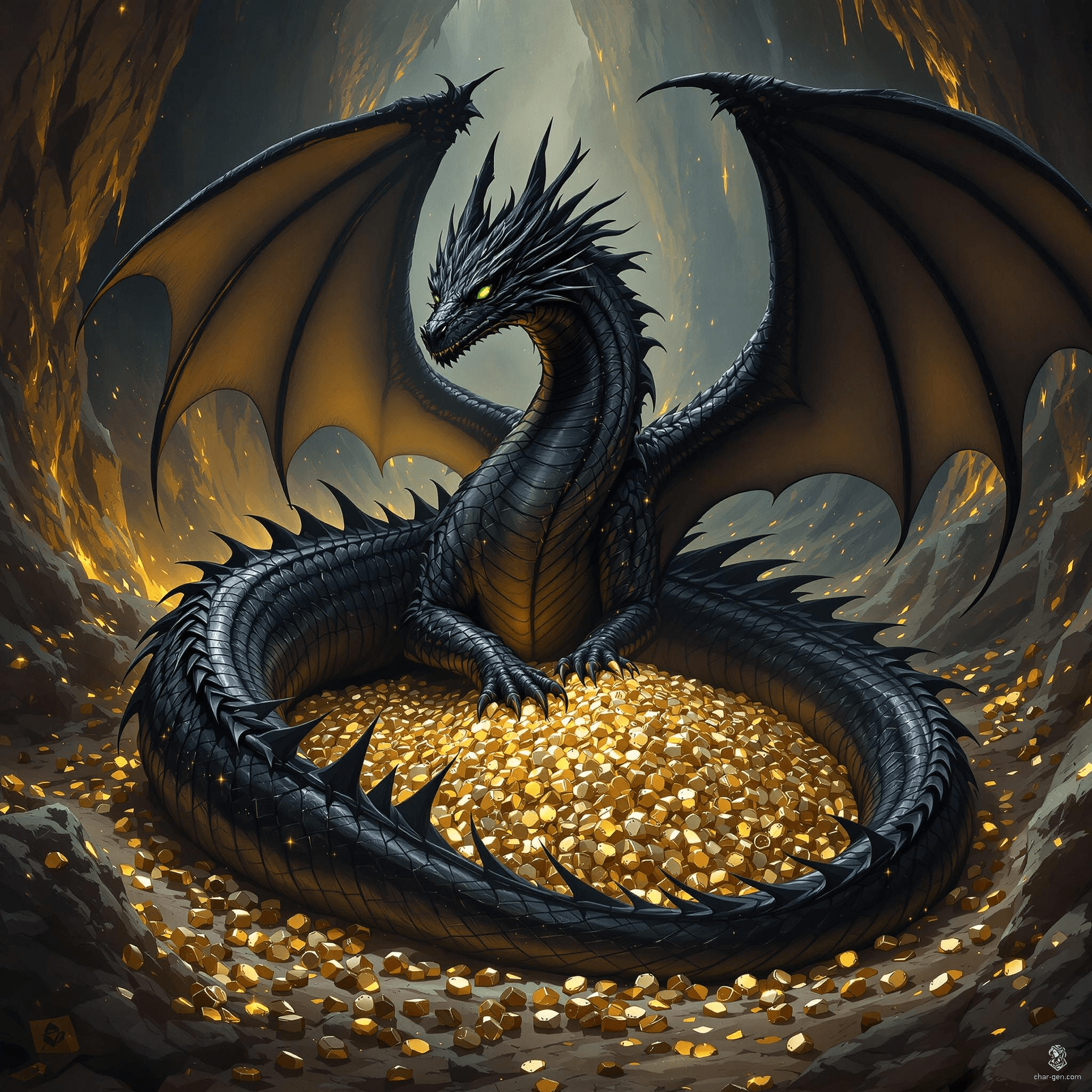 The majestic black dragon boasts sleek, coal-like scales that absorb light, creating an aura of mystery. Its emerald green eyes reveal ancient wisdom and cunning intelligence, capable of peering into the depths of the soul. Agile and imposing, it commands respect in the realm of fantasy.