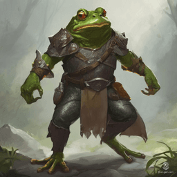 Meet Boggins, a slender Grung paladin with vibrant emerald skin and a friendly demeanor. Unarmored yet agile, he wields a radiant shield of leaves, championing justice and kindness in his swampy domain. With every leap, he spreads hope and camaraderie among all creatures.