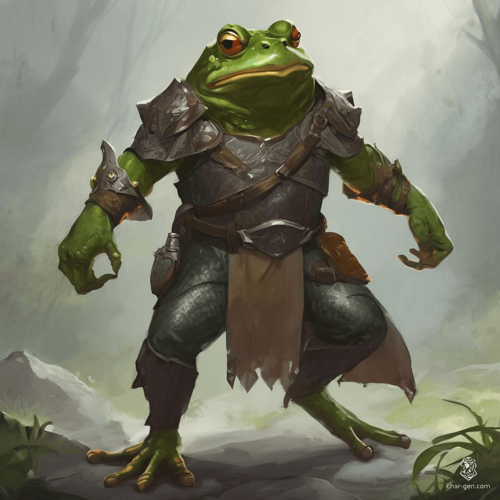 Meet Boggins, a slender Grung paladin with vibrant emerald skin and a friendly demeanor. Unarmored yet agile, he wields a radiant shield of leaves, championing justice and kindness in his swampy domain. With every leap, he spreads hope and camaraderie among all creatures.
