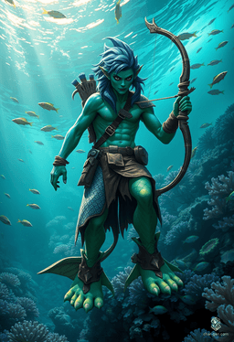 Elyndor, the triton ranger, blends seamlessly into the forest and mountain landscapes with his striking green skin and aquatic features. Equipped with bow and spear, he skillfully tracks prey, his fish-like lower half allowing swift movement through both water and land as he hunts in harmony with nature.