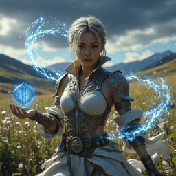 Jouli is a middle-aged, strikingly gorgeous investigator mage of East Asian ancestry. At 5'4”, her lithe frame is complemented by intricately embossed white leather armor. With a pixie cut and fair skin shimmering in the sun, she exudes both strength and concern as she traces glowing runes, defending against danger amidst towering bookshelves.