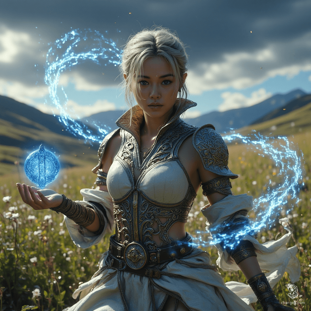 Jouli is a middle-aged, strikingly gorgeous investigator mage of East Asian ancestry. At 5'4”, her lithe frame is complemented by intricately embossed white leather armor. With a pixie cut and fair skin shimmering in the sun, she exudes both strength and concern as she traces glowing runes, defending against danger amidst towering bookshelves.