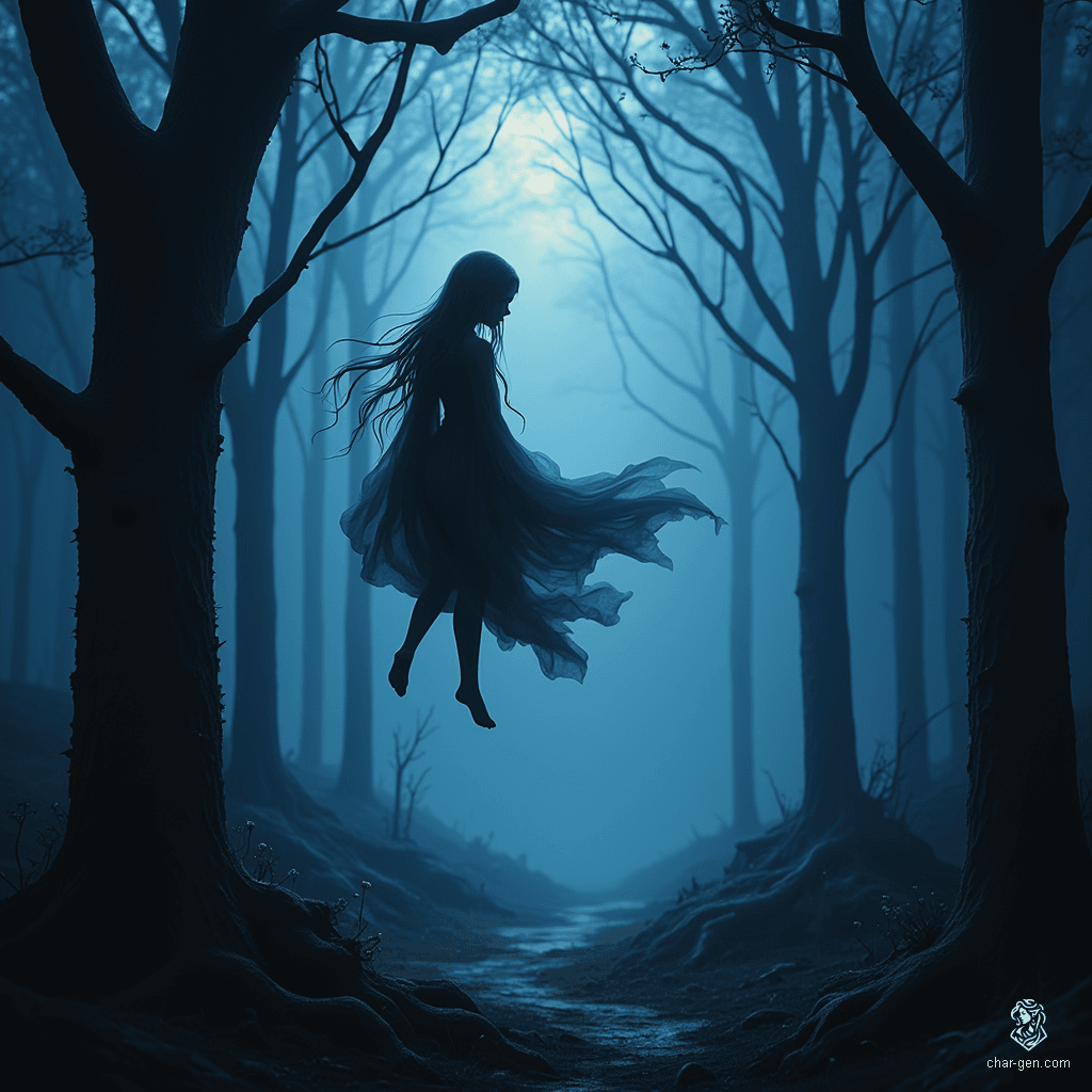 These tiny, ethereal beings hover in the dark forest, resembling flowing shadows with vague humanoid shapes. They mirror the memories of lost souls, shifting between light and dark, whispering secrets of the past as they drift silently through the ancient trees.