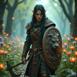 Amidst the ancient forests, a fair-skinned male wood elf druid roams, embodying nature's spirit. With jet-black hair and light brown eyes, he deftly tracks prey using bow or spear, accompanied by loyal animal companions. Clad in leather, he wields a sickle and a mystical shield etched with protective carvings.