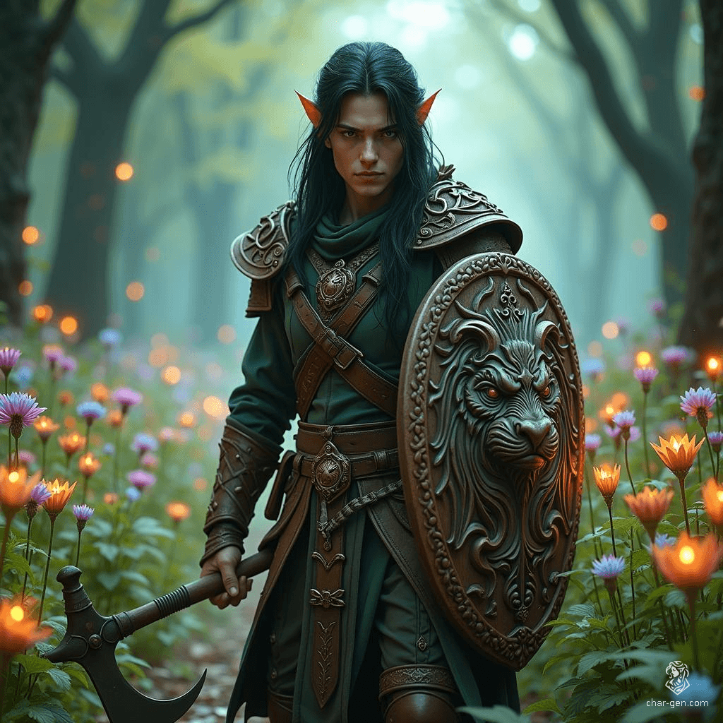 Amidst the ancient forests, a fair-skinned male wood elf druid roams, embodying nature's spirit. With jet-black hair and light brown eyes, he deftly tracks prey using bow or spear, accompanied by loyal animal companions. Clad in leather, he wields a sickle and a mystical shield etched with protective carvings.