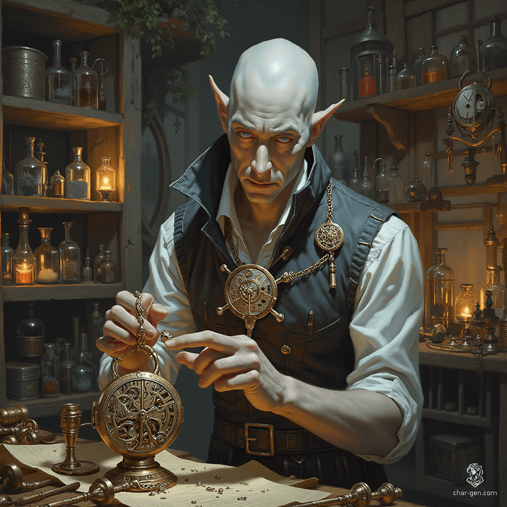 A pale-skinned male locksmith with a bob haircut, he possesses silver teeth that glint mischievously. His strange amulet, featuring intricate cogwheels, hints at his mastery of mechanics. Amidst a world of locks and keys, he crafts and picks with unmatched precision, embodying the essence of a watchmaker.