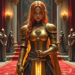 Shanyn, a 20-year-old gold dragon-hatchling in human form, is a skilled fighter of noble lineage. Standing 6'2", her freckled skin sparkles with golden scales, and she wields a longsword with grace. Torn between duty and a scandalous secret, she navigates a world unaware of her draconic heritage.