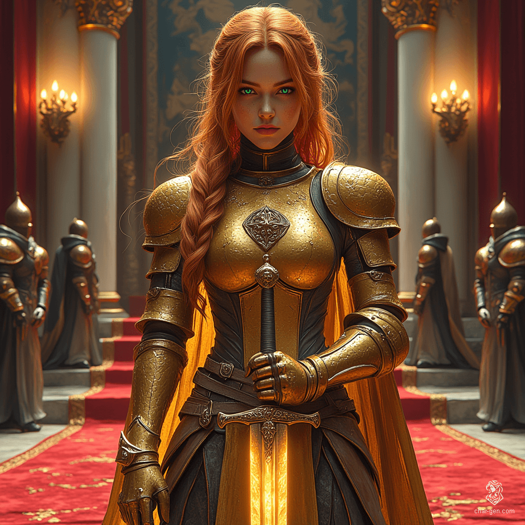 Shanyn, a 20-year-old gold dragon-hatchling in human form, is a skilled fighter of noble lineage. Standing 6'2", her freckled skin sparkles with golden scales, and she wields a longsword with grace. Torn between duty and a scandalous secret, she navigates a world unaware of her draconic heritage.