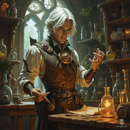 A pale-skinned male watchmaker and locksmith, he sports a striking silver tooth and a unique amulet brimming with intricate cogs and mechanisms. With a sharp bob haircut, he skillfully crafts and picks locks, blending artistry with precision, in a world of secrets and shadows.